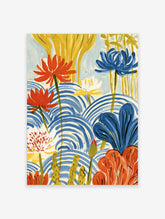 Bold floral poster with red, blue, and yellow flowers over blue wave patterns