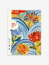 Bold floral art print with red, blue and yellow flowers over swirling blue and white stripes