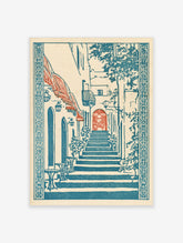 Blue and red Mediterranean alley poster with stone steps, arched door, striped awning, and potted plants