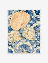 Peach scallop shell and textured seashells on a blue and white floral background art print