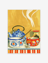 Blue and white teapot still life poster with red bowl, steam, and yellow background