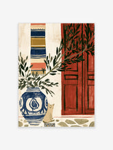 Blue and white vase with olive branches, cat, red door, striped textile art print