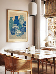 Still life of blue and white vases with intricate Chinoiserie patterns, woodblock print style wall art. - Image 2