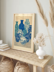 Still life of blue and white vases with intricate Chinoiserie patterns, woodblock print style wall art. - Image 3