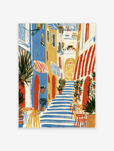 Colourful Mediterranean street poster with blue steps, yellow buildings, red awnings, and potted plants