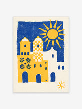 Blue and yellow Mediterranean building with domed towers and sun, block-printed poster style