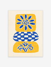 Blue and yellow tile pattern poster with stylised flower, checkerboard band and leaf motif