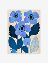 Blue anemone flower art print with three blooms, black centres, and teal leaves on cream