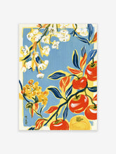 Botanical art print of red apples, white blossom, yellow berries and blue leaves on a blue background
