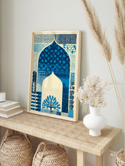 Blue arch pattern poster with cultural motifs and a stylized tree on a cream background, featuring various textures. - Image 4