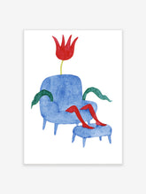 Surrealist poster of a blue armchair with a red tulip head, green leaf arms, and red legs on a footstool