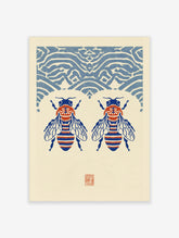 Blue bee art print with two symmetrical bees and blue geometric wave pattern on cream background