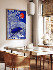 Blue beetle with golden details among white botanical line art, deep blue background, red sun, in a styled room mockup