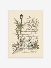 Illustrative print of a light blue bicycle with a basket against a brick wall with green vines and a street lamp