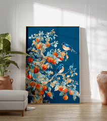 Blue bird and fruit tree poster featuring two bluebirds, orange fruits, and golden outlined leaves on a deep blue background. - Image 3