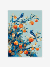 Blue bird poster with two blue birds perched on a stylized tree branch with orange fruits and gold patterns.