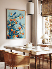 Blue bird poster with two blue birds perched on a stylized tree branch with orange fruits and gold patterns. - Image 2