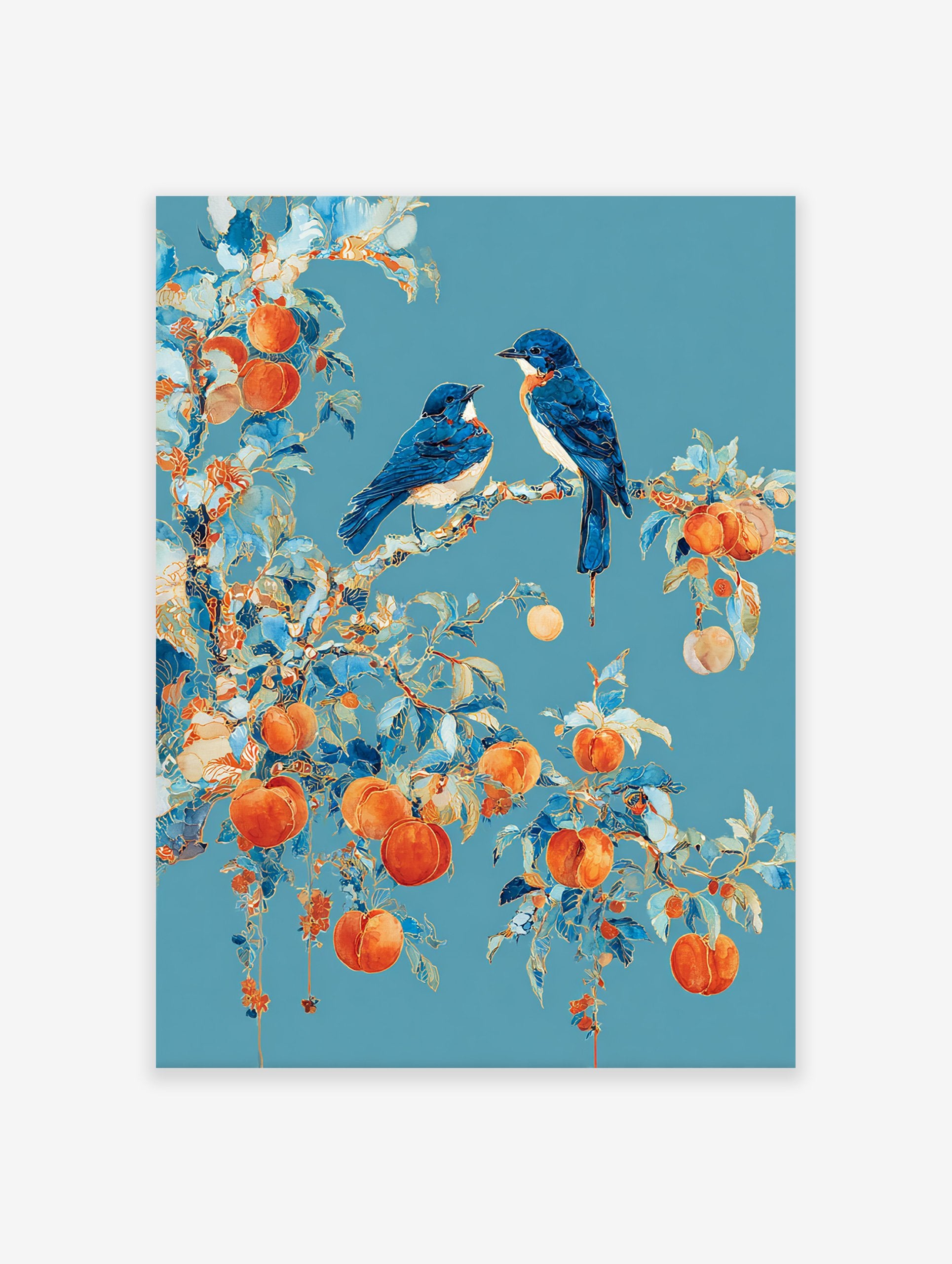 Blue Bird Peach Tree Poster featuring two blue birds perched on a branch with orange peaches and blue leaves against a teal background.