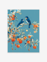 Blue Bird Peach Tree Poster featuring two blue birds perched on a branch with orange peaches and blue leaves against a teal background.