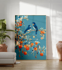 Blue Bird Peach Tree Poster featuring two blue birds perched on a branch with orange peaches and blue leaves against a teal background. - Image 3