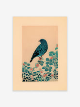 Blue bird wall art botanical illustration with a vibrant blue bird on a branch with green leaves and red raspberries.