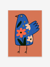 Blue bird art print with orange and cream flowers on terracotta background