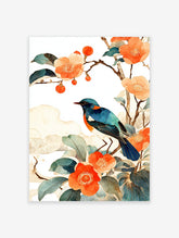 Blue bird perched on a branch with orange flowers and green leaves, in a watercolor Japanese botanical wall art style.