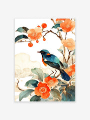 Blue bird perched on a branch with orange flowers and green leaves, in a watercolor Japanese botanical wall art style.