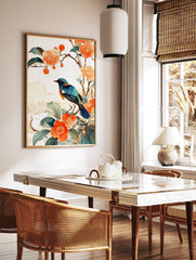 Blue bird perched on a branch with orange flowers and green leaves, in a watercolor Japanese botanical wall art style. - Image 2