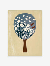 Blue blossom tree art print with white flowers, dark branches, and two red butterflies on beige