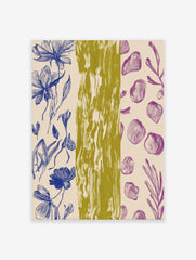 Blue botanical flower outlines, purple abstract organic shapes, and olive green textured stripe art print