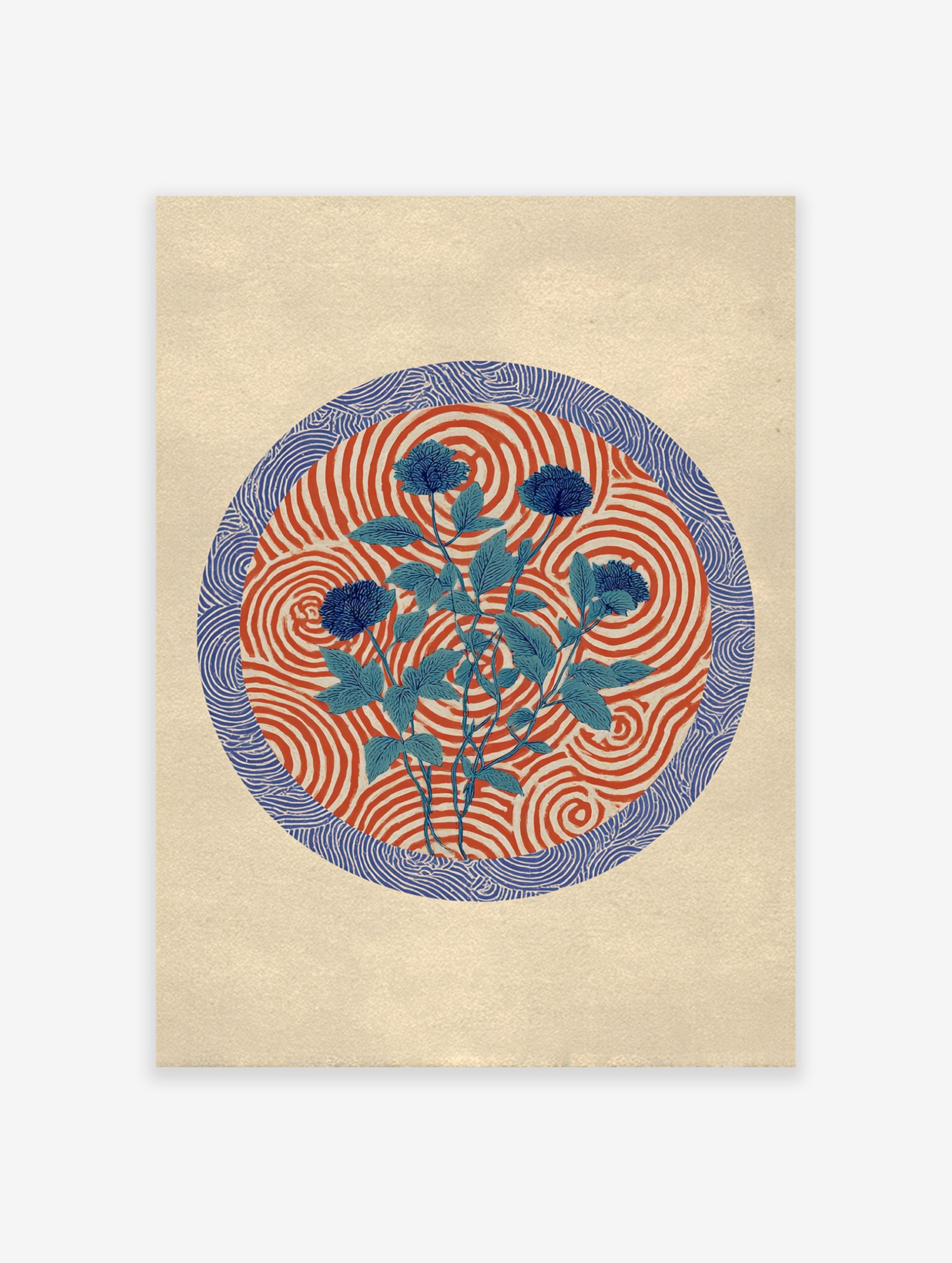 Blue botanical wall art featuring flowers and leaves on a red and white swirl pattern, bordered by a blue wave design.
