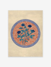 Blue botanical wall art featuring flowers and leaves on a red and white swirl pattern, bordered by a blue wave design.