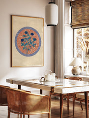 Blue botanical wall art featuring flowers and leaves on a red and white swirl pattern, bordered by a blue wave design. - Image 3