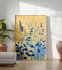 Blue botanical wall art featuring stylized floral and plant illustration on a yellow background with brushstroke texture. - Image 3