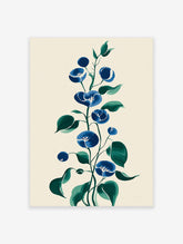 Blue botanical wall art featuring illustrative morning glory flowers and leaves on a cream background, vertical orientation.