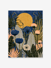 Navy blue botanical art print with stylised fan flowers, grey leaves, and a yellow sun on a deep blue background