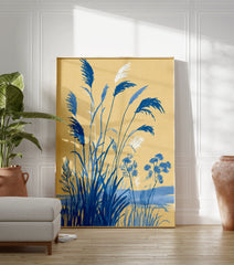 Blue botanical pampas grass illustration on a yellow textured background, featuring white accents - Image 3