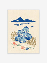 Blue buoys on a fishing net with seashells and mountain sea background, coastal print