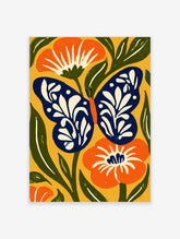 Blue butterfly and orange flowers folk art print on mustard yellow background