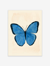 Blue watercolour butterfly with dark navy wing borders and fine antennae on a cream background
