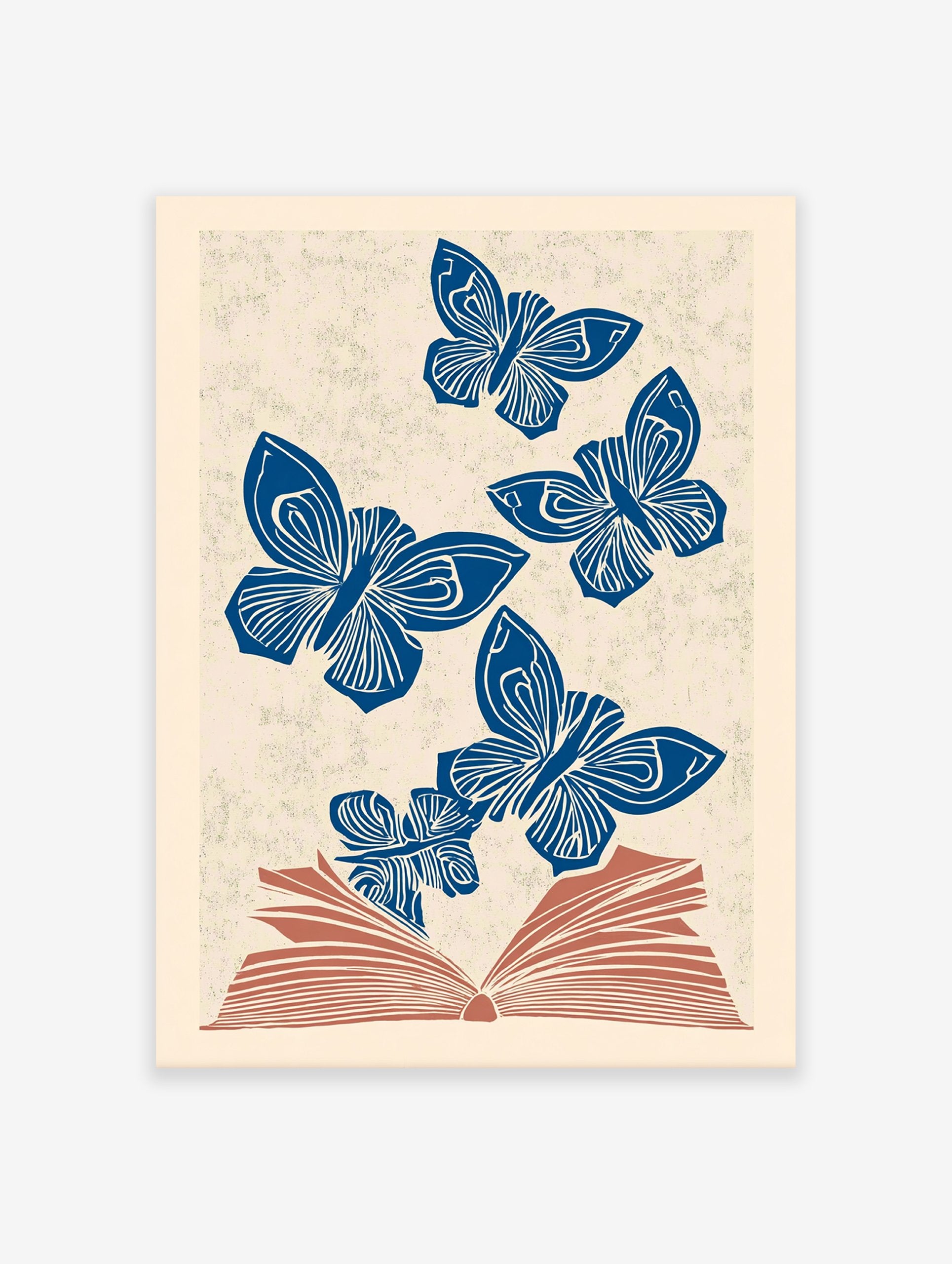 Blue butterfly wall art illustration of multiple butterflies flying out of an open book on a textured beige background.