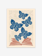 Blue butterfly wall art illustration of multiple butterflies flying out of an open book on a textured beige background.