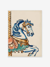 Illustrated blue carousel horse with gold harness and teal saddle on white background