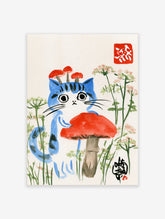 Blue cat with red mushrooms on its head, Japanese woodblock style poster with green stems and red seal