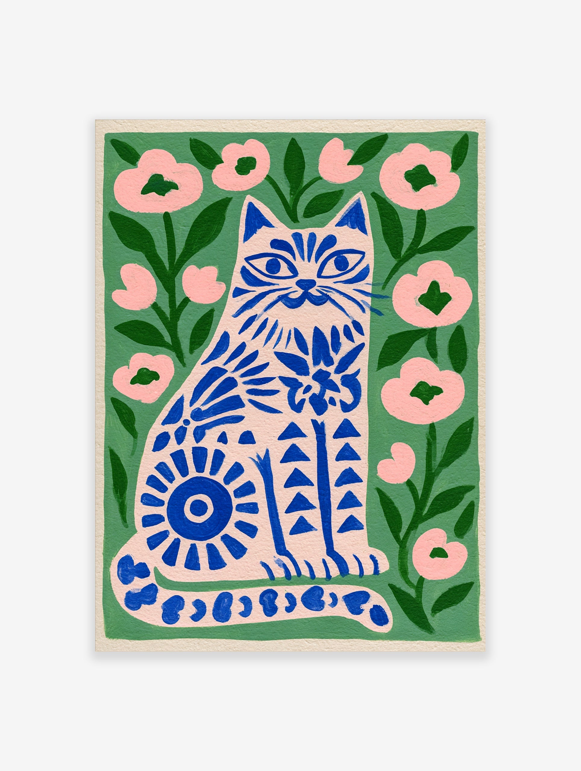 Illustrative blue cat print with floral patterns on a green background, perfect for modern home decor