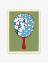 Blue hand mirror art print with pink cherry blossoms, green stems, and butterflies