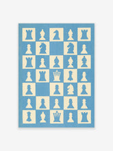 Blue and cream chess board poster with king, queen, knight, rook, bishop and pawn silhouettes in a grid layout