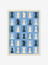 Blue and cream chess wall art print with king, queen, knight, rook and pawn silhouettes on a blue grid