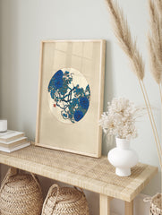 Blue chrysanthemum botanical illustration wall art print with green leaves and a red seal in a circular design on a beige background. - Image 3